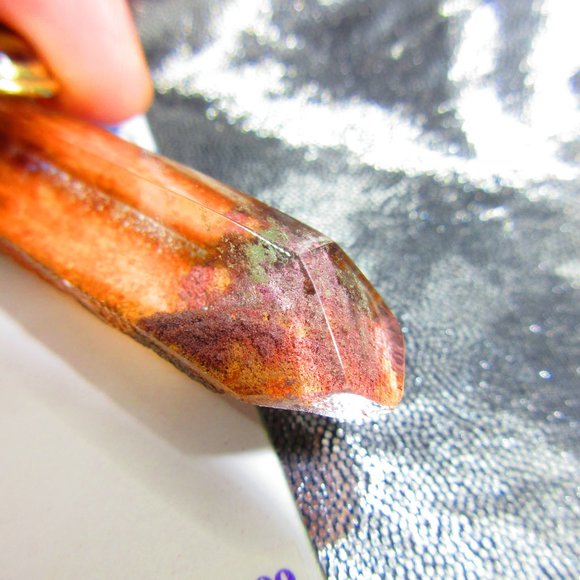 Fire Opal & Chlorite Quartz Phantom Gold Gemstone Pendant - Picture 5 of 8